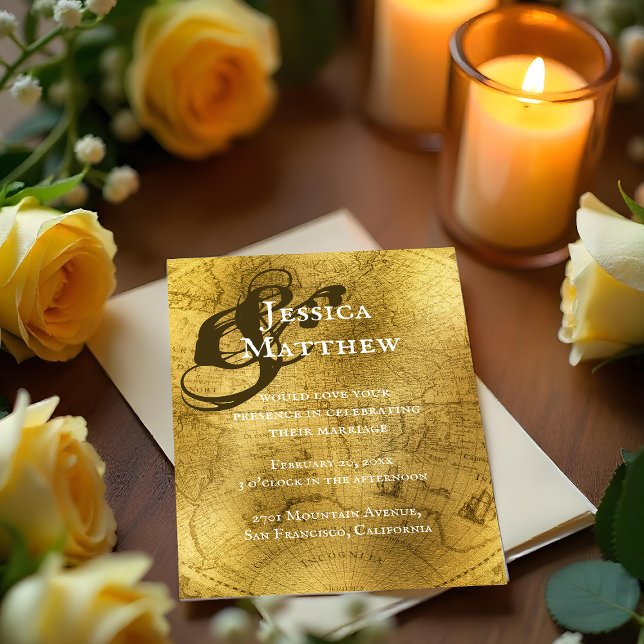 Invitation Mariage vintage Gold Map (Vintage Gold Map Wedding Invitation)