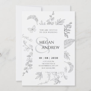 Invitation mariage vintage gris à fleurs