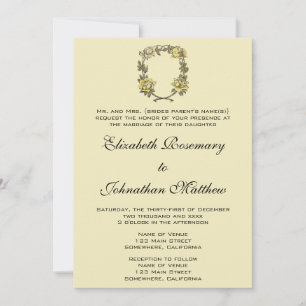Invitation Mariage vintage, Jaune Antique Jardin Rose Wreath