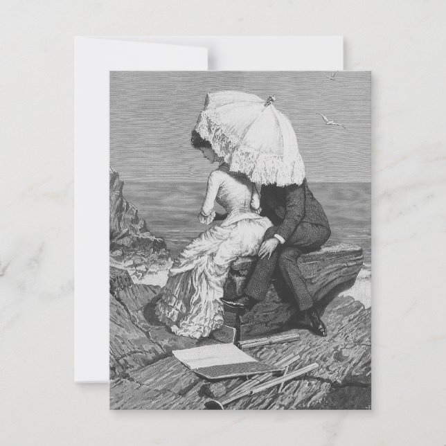 Invitation Mariage Vintage, Jeunes Mariés au Bord de la Mer (Devant)