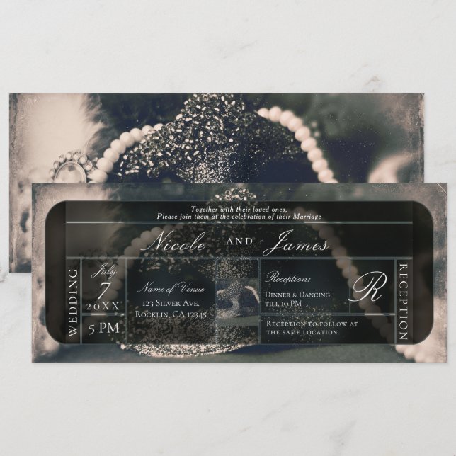 Invitation Mariage vintage Masquerade & Perles (Devant / Derrière)
