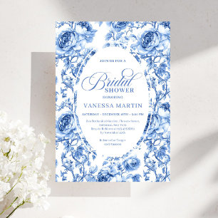 Invitation Mariage Vintage Navy Toile de Jouy Roses 