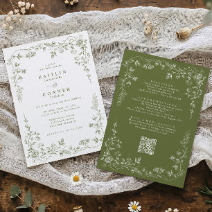 Invitation Mariage Vintage Olives Floral Français Tout en Un