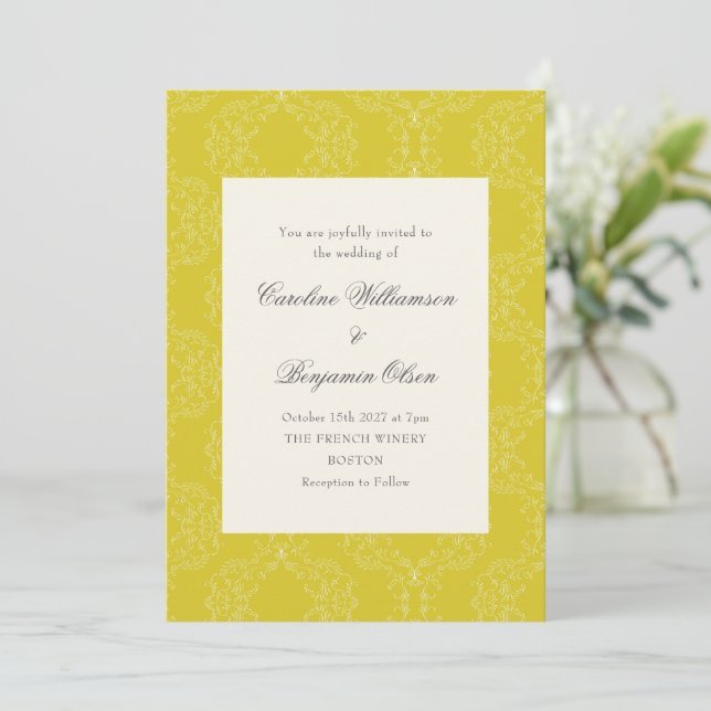Invitation Mariage vintage Orné Damas Jaune Élégant (Debout devant)