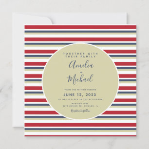 Invitation Mariage vintage rayures de Noël beige rouge marine