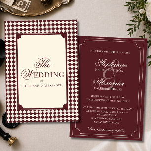 Invitation Mariage Vintage Rétro Bourguignon à Carreaux Argen