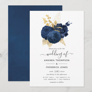 Invitation Mariage Vintage Rose Bleu Marine et Or