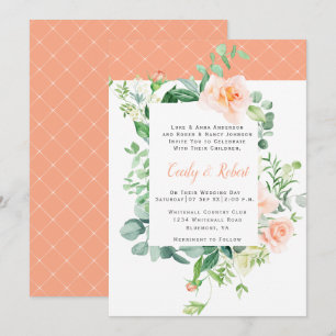 Invitation Mariage Vintage Roses Pêches Verdure Treillis Blan