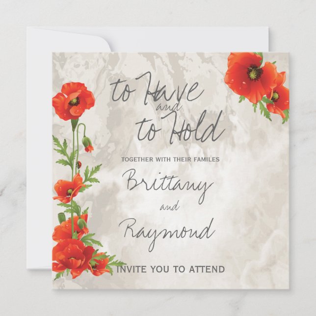 Invitation MARIAGE vintage ROUGE POPIES (Devant)