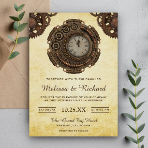 Invitation Mariage Vintage Rustique Antique Horloge Steampunk