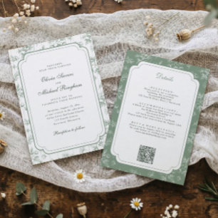 Invitation Mariage Vintage Toile de Jouy Floral Vert Sauge