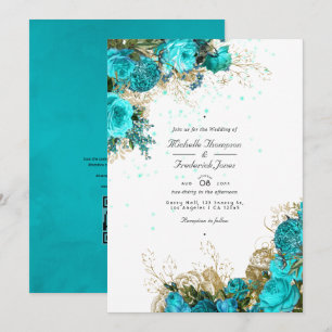 Invitation Mariage Vintage Turquoise et Or avec Code QR Shabb