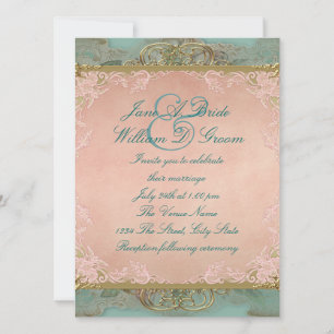 Invitation Mariage vintage turquoise rose de bleu et d'or