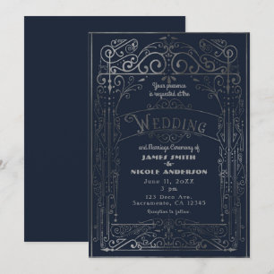 Invitation Mariage Vintage Victorien Déco Bleu Marine et Arge