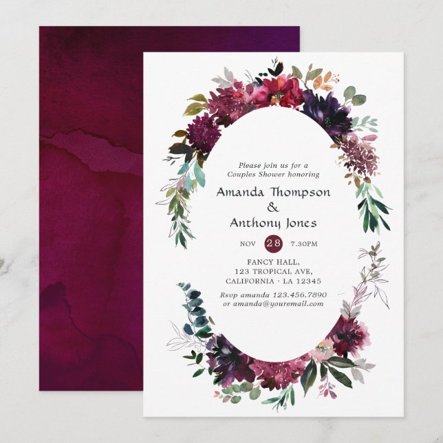 Invitation Mariage Violet bordeaux Fleurs Violettes (Devant / Derrière)