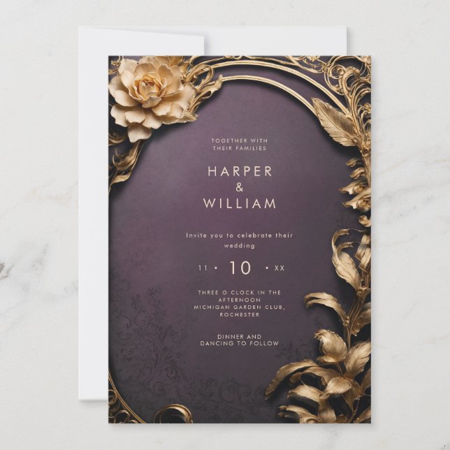 Invitation Mariage violet et or enchanté (Devant)