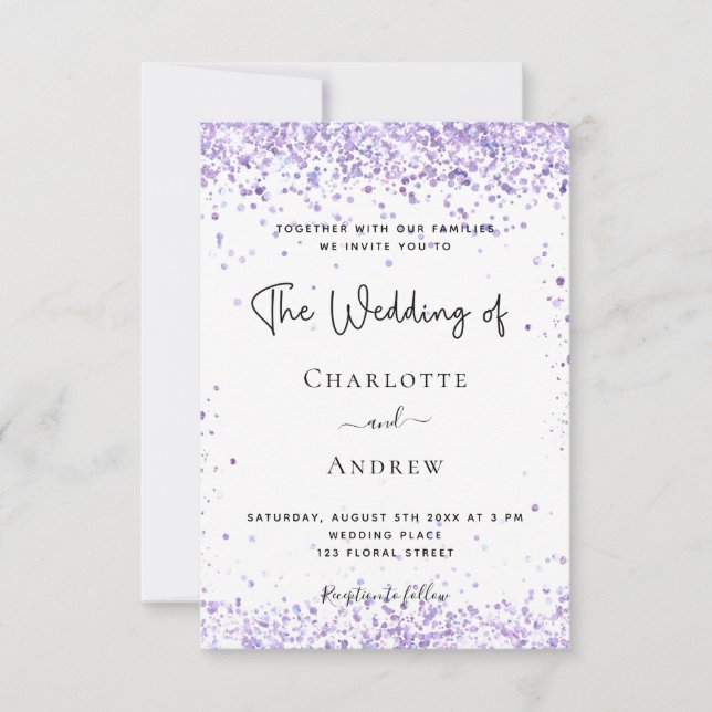 Invitation Mariage violet lavande parties scintillant script  (Devant)