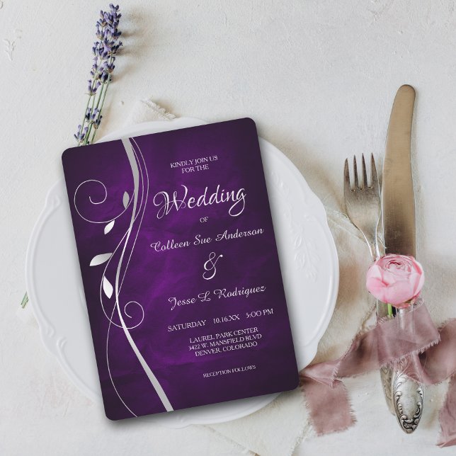 Invitation Mariage violet profond à feuille d'argent (Créateur téléchargé)