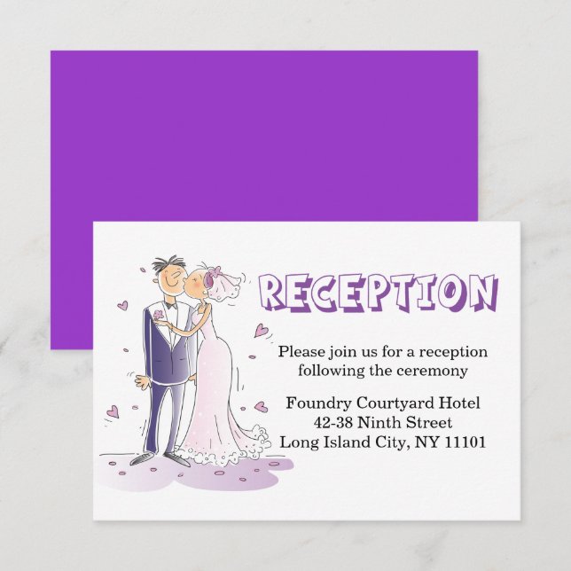 Invitation Mariage violet Réception Cartoon Mariée & Salle (Devant / Derrière)