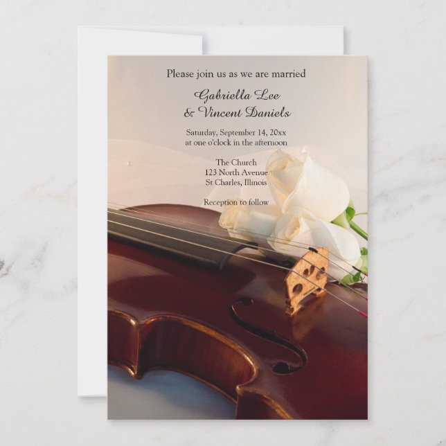 Invitation Mariage violon et rose blanche (Devant)