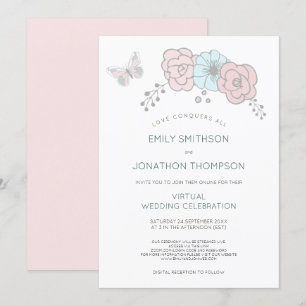 Invitation Mariage virtuel bleu rose bleu à papillon floral m
