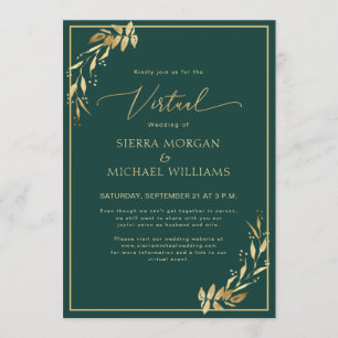 Invitation Mariage virtuel Chic Golden Foliage Emerald Green