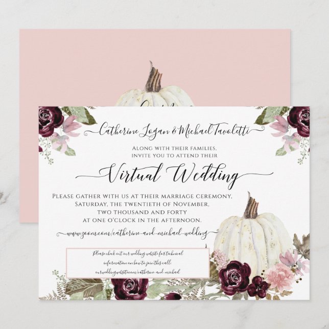 Invitation Mariage Virtuel de Citrouille Florale Rouge Bourgo (Devant / Derrière)
