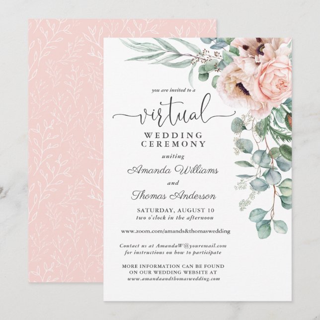 Invitation Mariage virtuel des pépites florales roses et beig (Devant / Derrière)