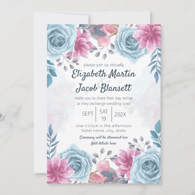 Invitation Mariage virtuel Dusty Blue Rose et rose Floral (Devant)