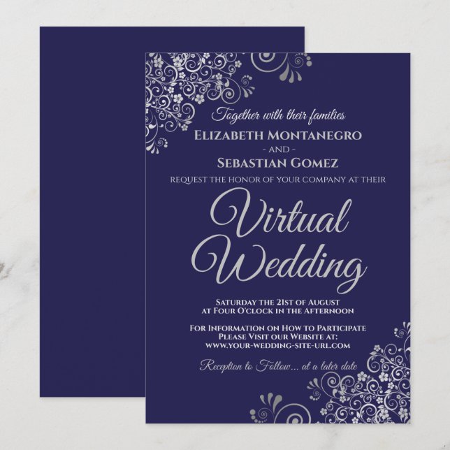 Invitation Mariage Virtuel Élégant Bleu Marine Silver Frills (Devant / Derrière)