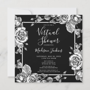 Invitation Mariage Virtuel Élégant Fleurs Noires et Blanches