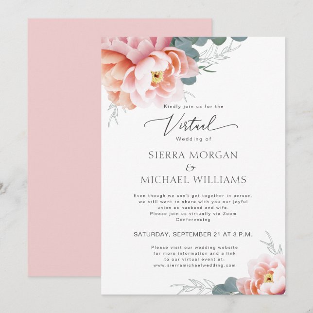 Invitation Mariage virtuel Elégant Floral Blush Peony rose (Devant / Derrière)