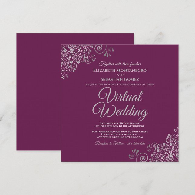 Invitation Mariage virtuel élégant Magenta & Lacy Silver (Devant / Derrière)