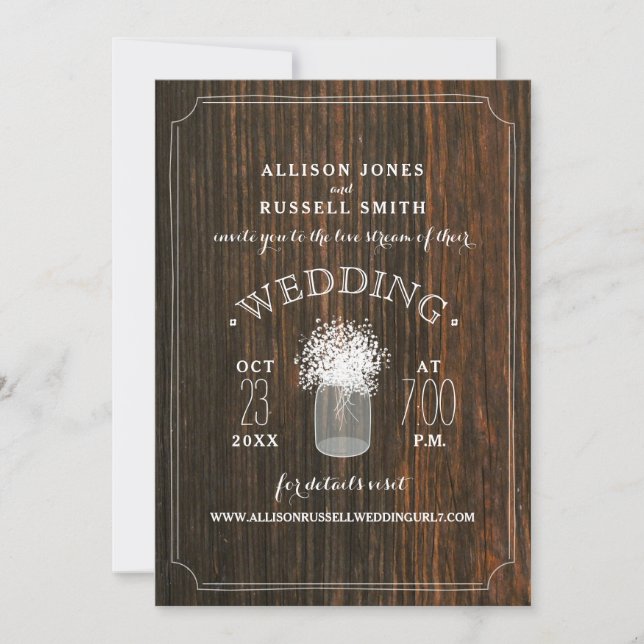 Invitation Mariage virtuel en continu Rustic Wood Mason Jar (Devant)