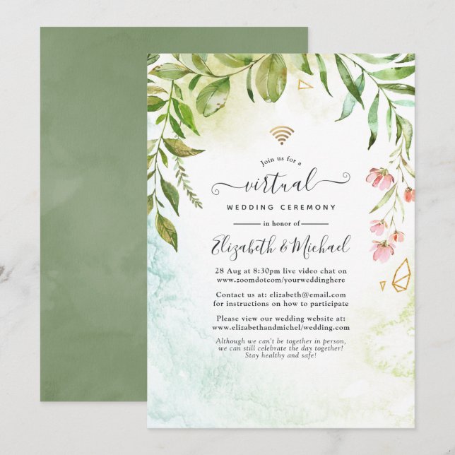 Invitation Mariage virtuel en ligne Géométrique Cristal Green (Devant / Derrière)