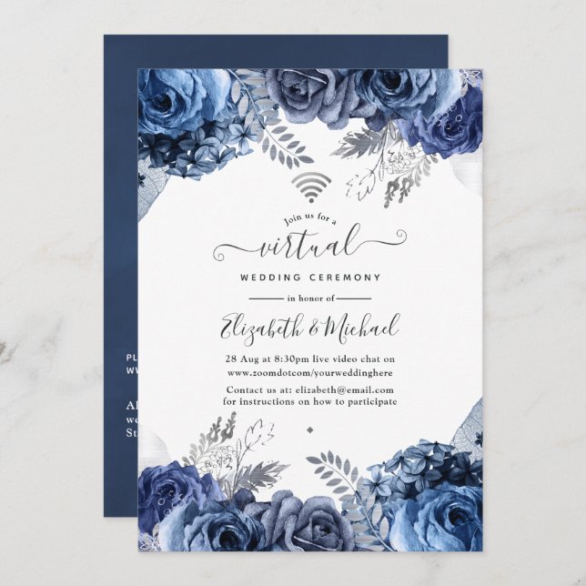 Invitation Mariage virtuel en ligne Marine et Flore blanche (Devant / Derrière)