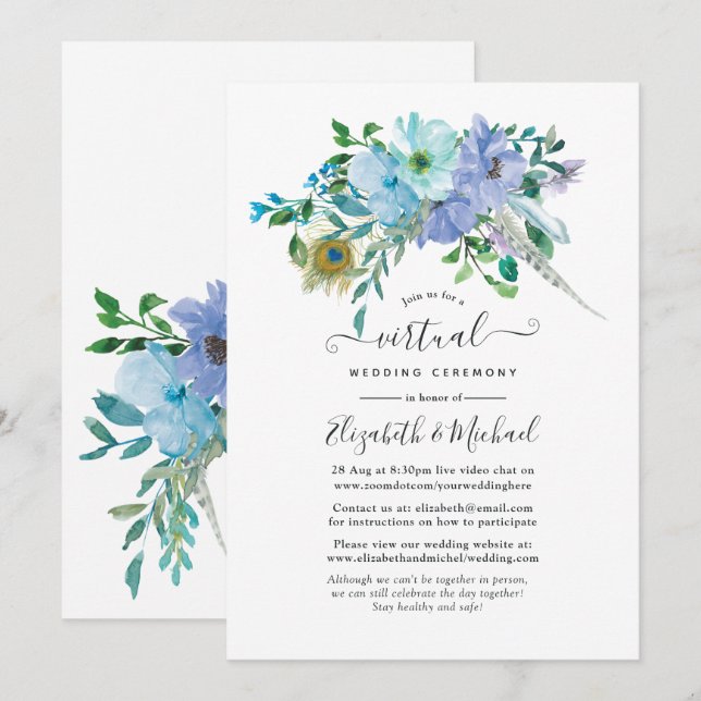 Invitation Mariage virtuel en ligne Mint et Blue Boho Floral (Devant / Derrière)