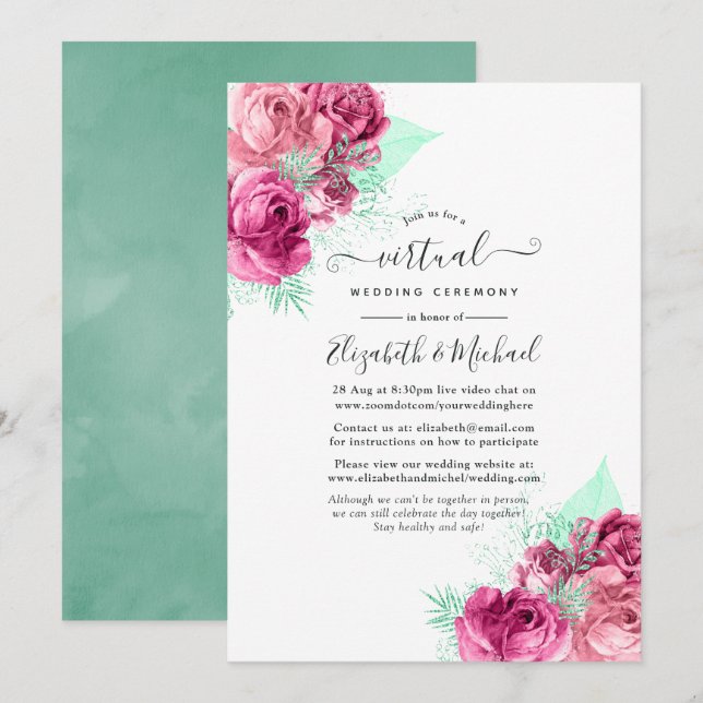 Invitation Mariage virtuel en ligne rose et menthe (Devant / Derrière)