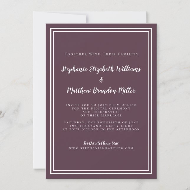 Invitation Mariage virtuel en ligne violet minimaliste modern (Devant)