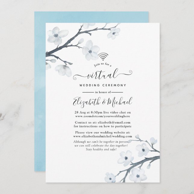 Invitation Mariage virtuel en ligne White Cherry Blossoms (Devant / Derrière)
