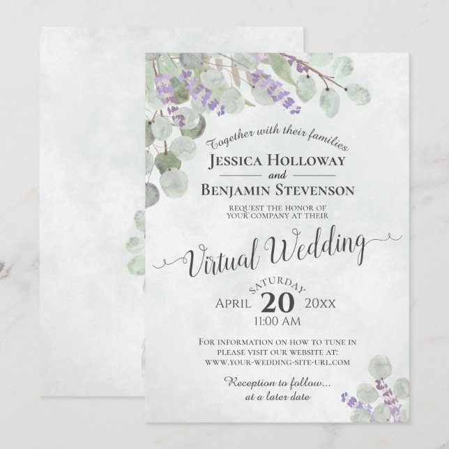 Invitation Mariage virtuel Eucalyptus Lavender & Green (Devant / Derrière)