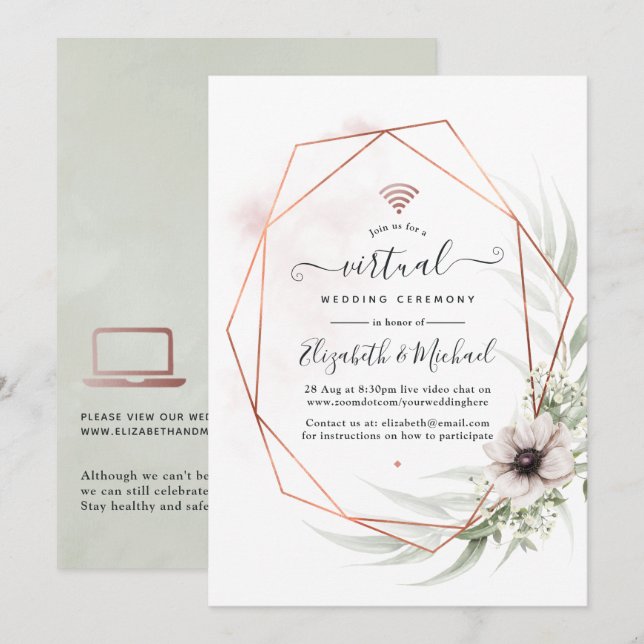 Invitation Mariage virtuel géométrique Eucalyptus aquarelle (Devant / Derrière)