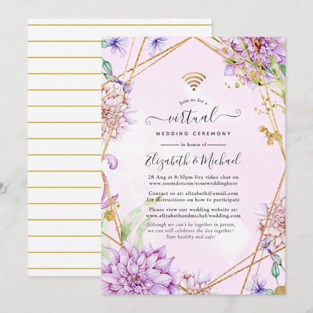 Invitation Mariage virtuel géométrique Floral rose et or (Devant / Derrière)