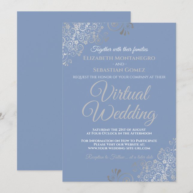 Invitation Mariage virtuel gris et bleu clair Silver Frills (Devant / Derrière)