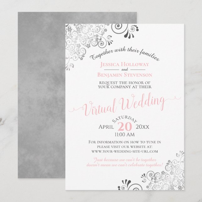 Invitation Mariage virtuel Lacy Silver élégant rose et gris (Devant / Derrière)