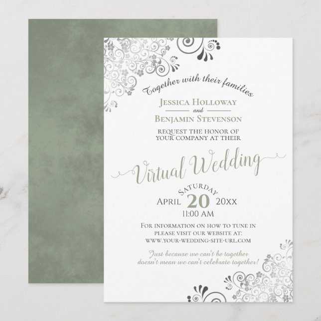 Invitation Mariage virtuel Lacy Silver Sage Vert et blanc (Devant / Derrière)