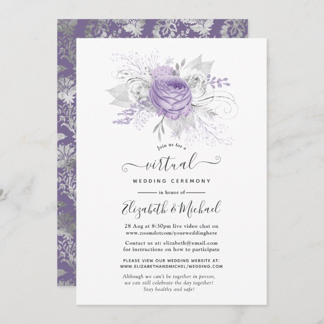 Invitation Mariage virtuel Lavande et Silver Floral (Devant / Derrière)