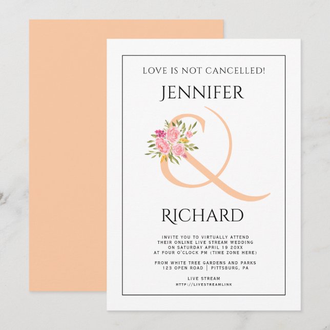 Invitation Mariage virtuel Peach ampersand and rose roses (Devant / Derrière)