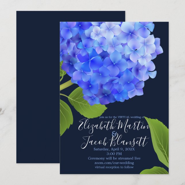 Invitation Mariage virtuel Watercolor Blue Hydrangea (Devant / Derrière)