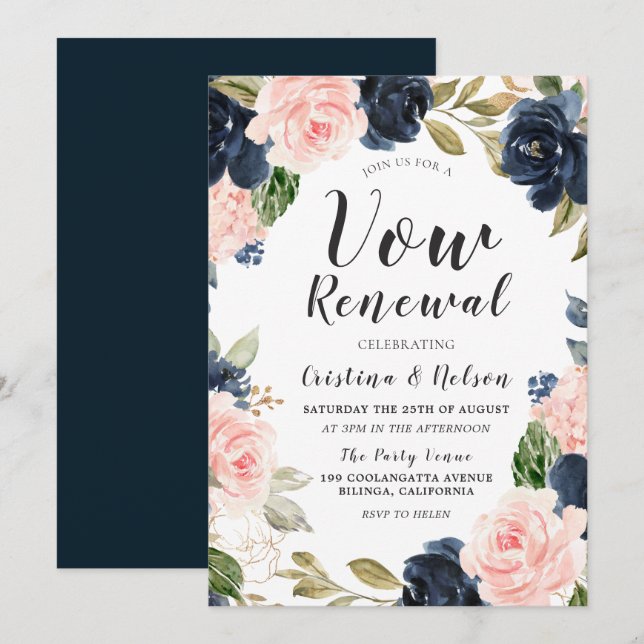 Invitation Mariage Vow Renouvellement de l'aquarelle bleu mar (Devant / Derrière)
